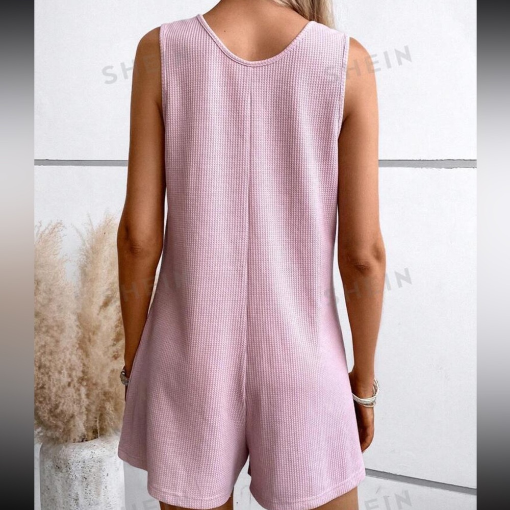 Pink Tank Romper Half Button Dual Pocket - Picture 2 of 4